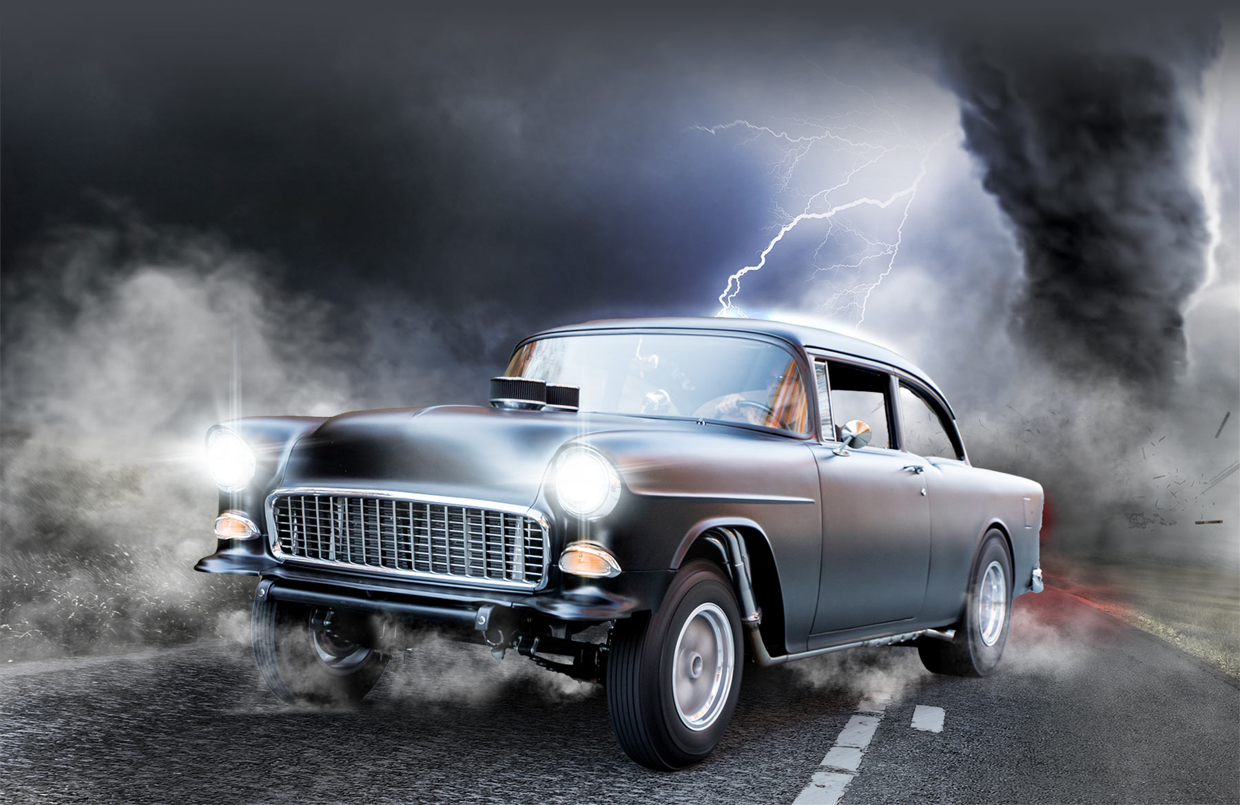 Stylized picture of '55 gasser 210 doing a burnout and being struck my lightning