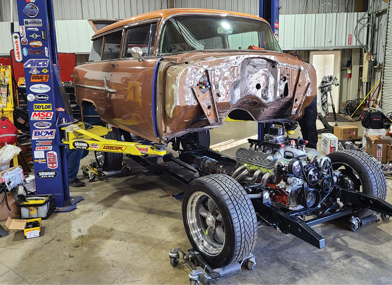 The first time the body is lowered onto the new chassis the work goes slow as there are many areas to check to see if something is clearing or binding.
