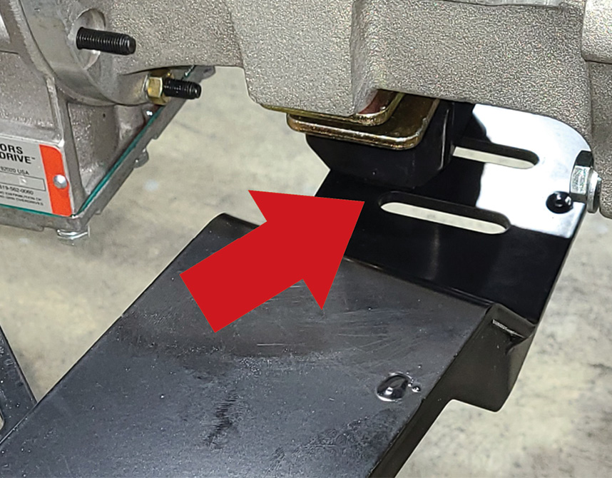 A portion of the overdrive looks like it’ll rub on the corner of the chassis’ mounting tab, and the forward section of the overdrive (normally in the correct spot to mount the trans’ tailshaft section) will have to be recut and moved to support the overdrive