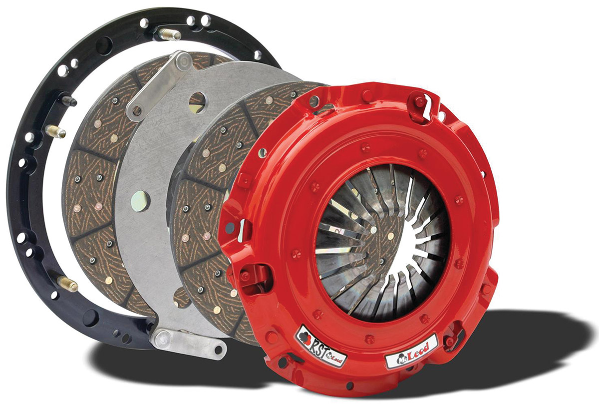 One of the more affordable kits is this RST dual-disc assembly from McLeod. Rated at 800 hp capacity, note how the floater plate also uses three heavy straps to prevent floater rattle. The organic clutch disc material is aimed at not only handling torque but also easy street clutch engagement and easy pedal effort. In this specific kit, the clutch disc diameters measure 9.68 inches.