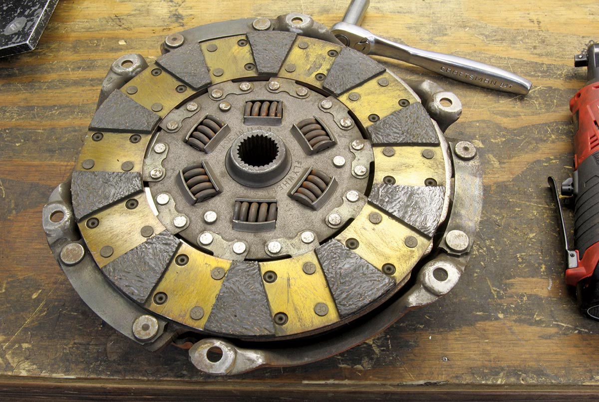 This is the single-disc Centerforce Dual Friction clutch disc that we removed from our 3,500-pound autocross and road race Chevelle after hundreds of competition passes. It still has plenty of life left in it despite the hours of competition abuse.