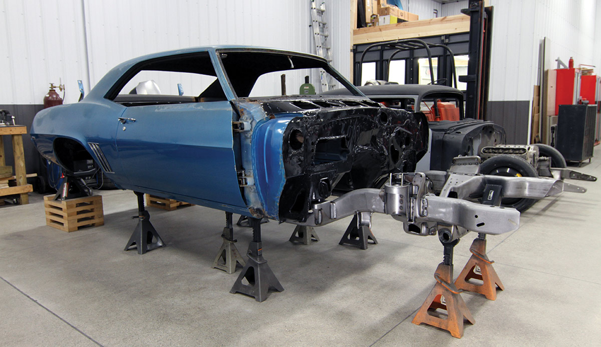 We’re back on the build stage of Mark Stielow’s latest Pro Touring project, a ’69 Camaro that spent its early years as a dedicated drag car. It’s now headed for the street and occasional run around a road course. In the previous installment, we covered the replacement of the floor, which now wears a new DSE front subframe.