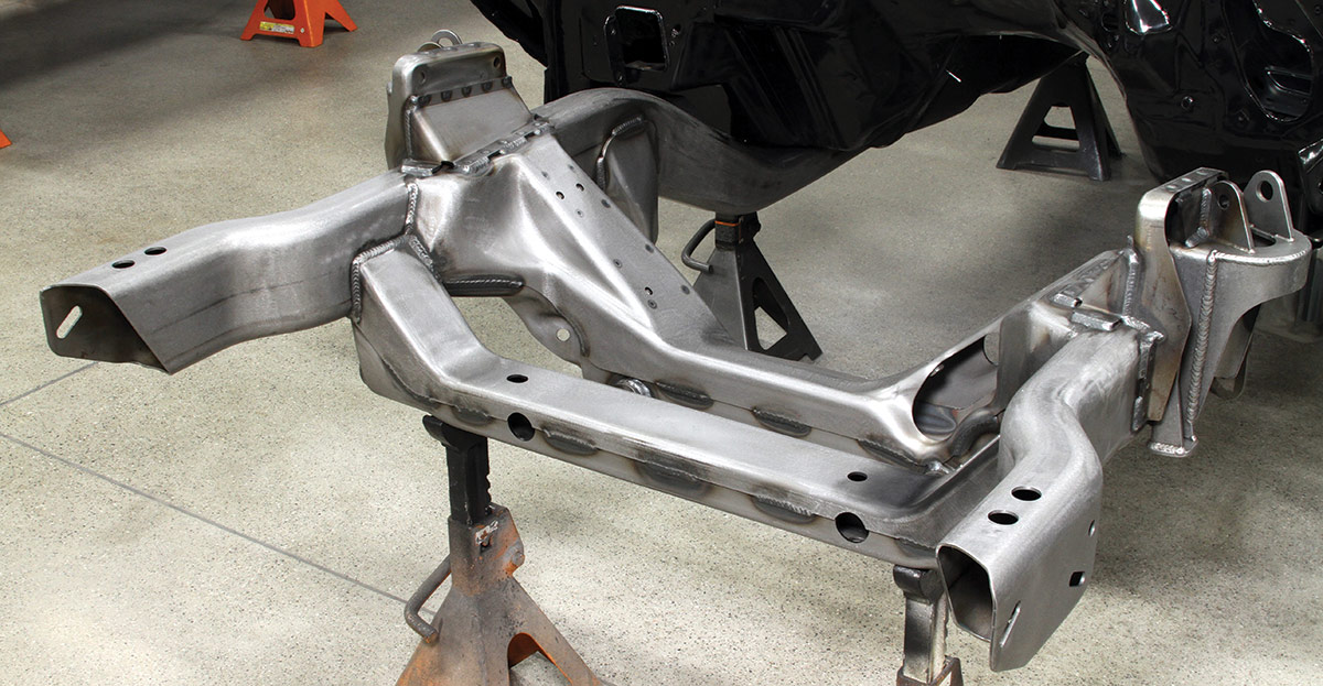 Even though it’s not welded to the subframe connectors, the DSE front subframe is stronger than the original and still provides a crucial structural enhancement when attached to them. The result is a much more rigid body structure.