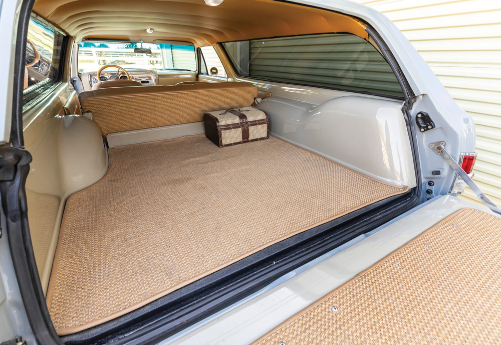 trunk of '64 chevelle wagon fully reupholstered in light brown