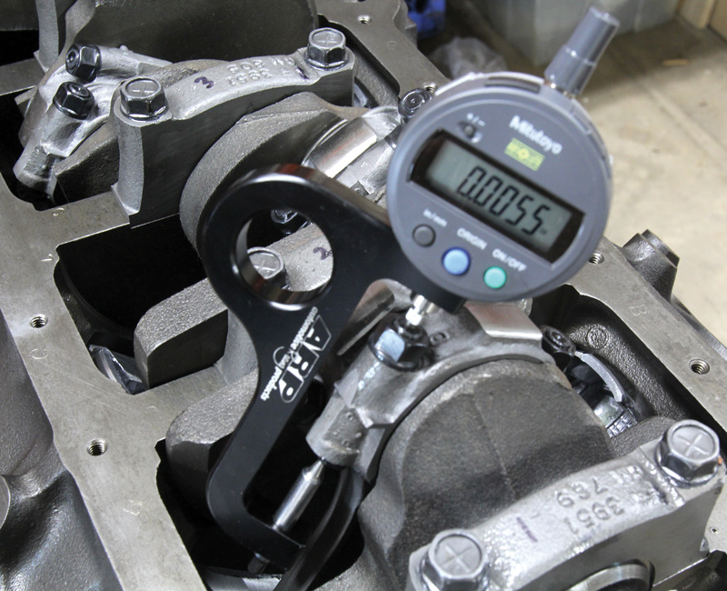 Instead of relying on inconsistent torque settings, we assembled the rotating assembly and then measured rod bolt stretch with this slick new digital rod bolt stretch gauge from ARP. The spec for these 8740 steel alloy bolts is between 0.0055 and 0.0060 inch that we used for all 16 rod bolts.