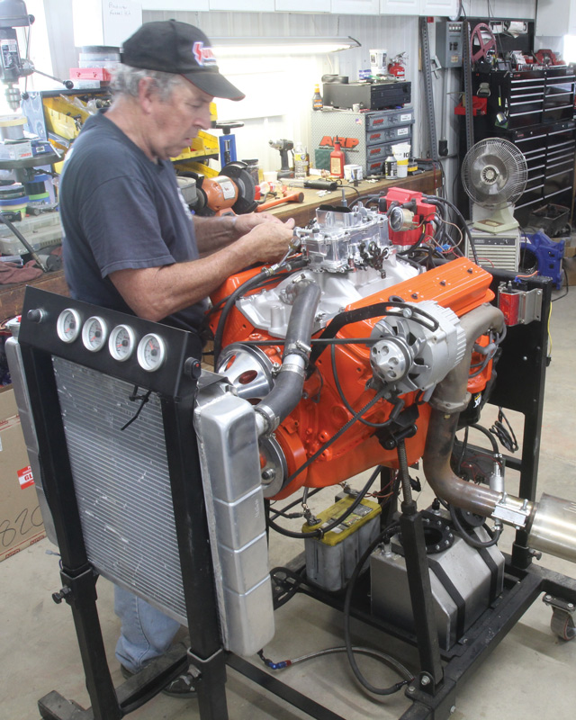 Before we put the engine on the dyno, we made sure it ran smoothly and made good oil pressure on our Summit engine test stand. We kept the run time to less than 2 minutes so that the rings could be properly broken in under load on the engine dyno.