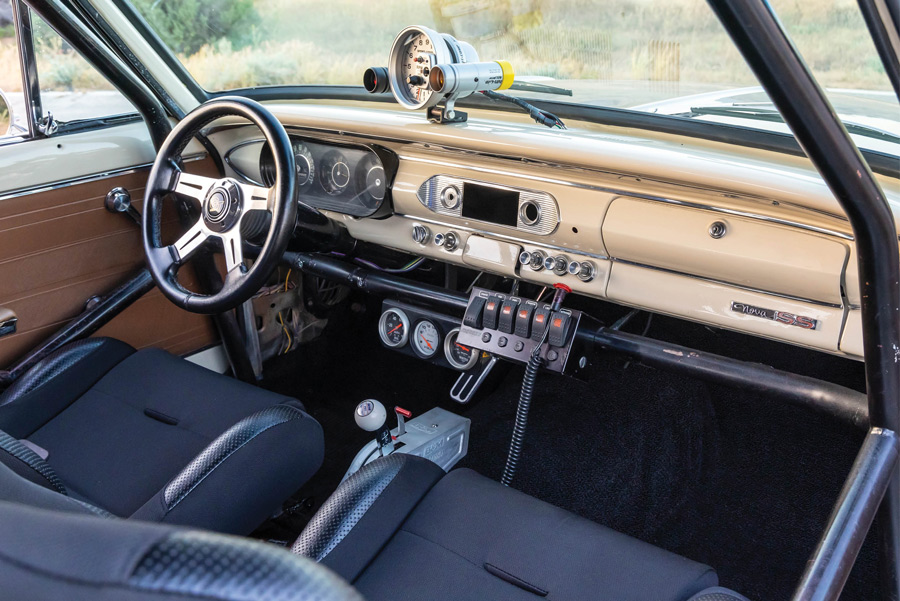 interior, dash, and steering in a ’64 Chevrolet Nova SS