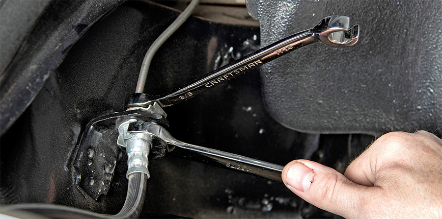 We’ll be retaining the rubber hoses that are still in good working condition to finish the installation. Likewise, the new braided-style hoses supplied with the kit will be the final step connecting the softline to the hardline at the frame. Bleed the brakes as always when opening lines in your brake system.