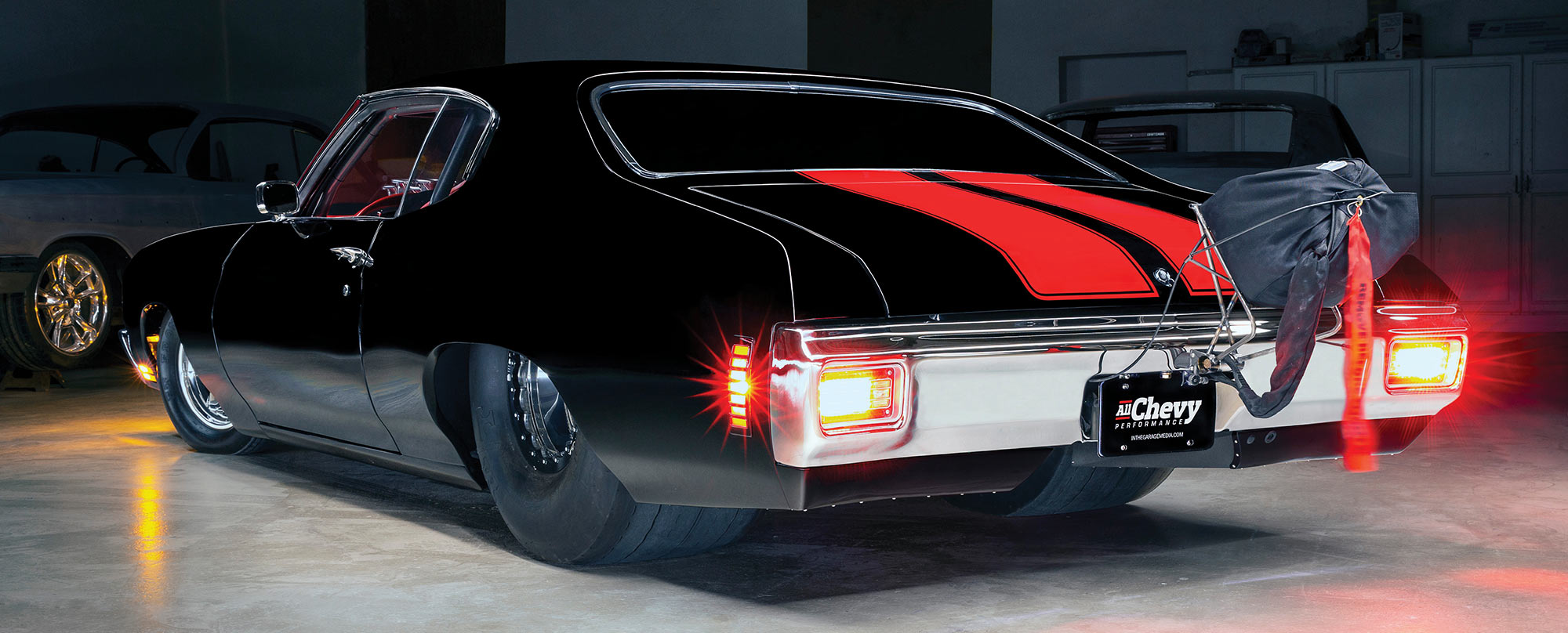 Rear 3/4 view of Chevelle with drag chute