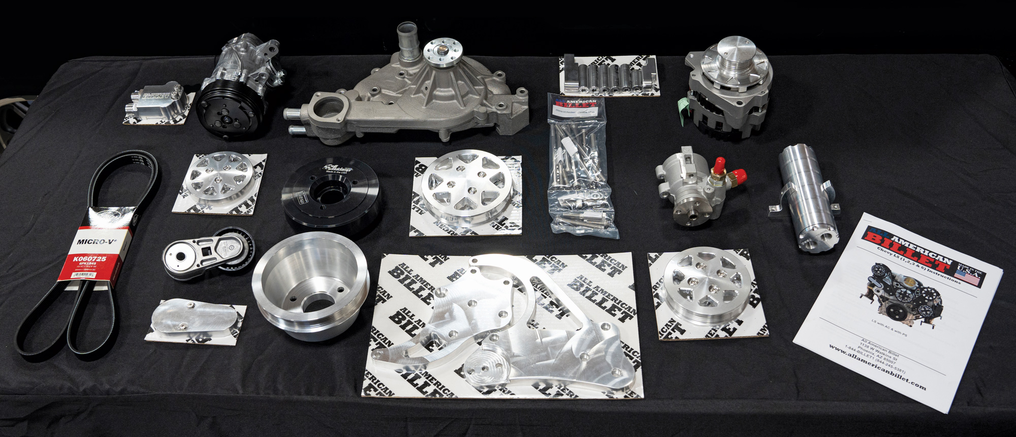 The All<br />
American Billet Chevy LS Serpentine kit includes everything necessary for an easy, drama-free installation, including all the hardware and easy-to-follow, detailed, step-by-step instructions.