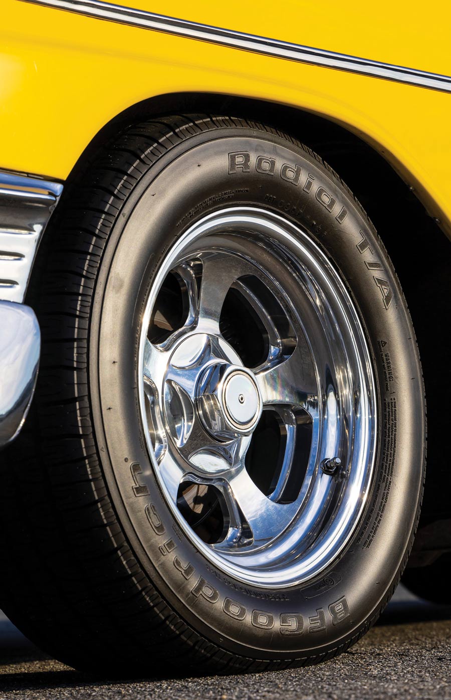 close up of a tire and rim on a ’56 Chevy Bel Air