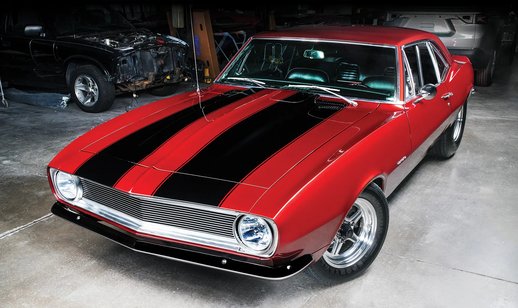 Metallic candy red '67 pro-street Camaro SS with black rally stripes