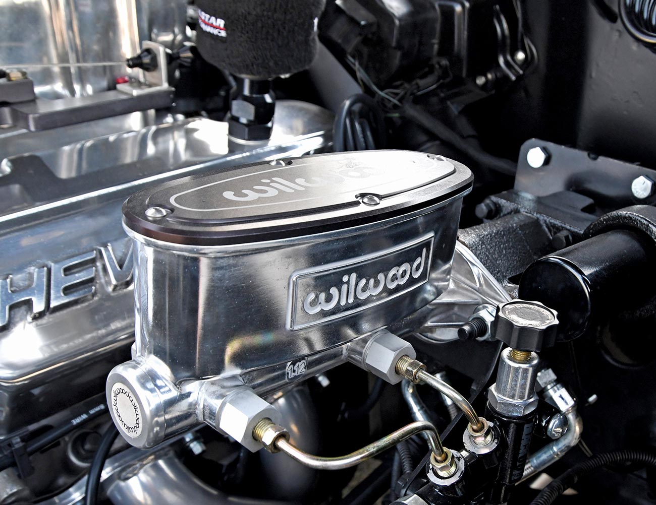 close up of a wilwood component under the Pro Street ’71 Camaro's hood