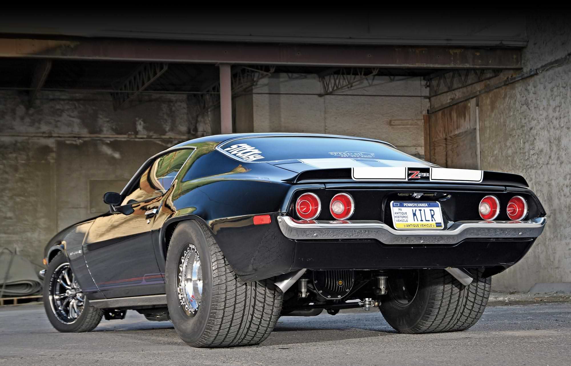 3/4ths rear passenger side view of the Pro Street ’71 Camaro