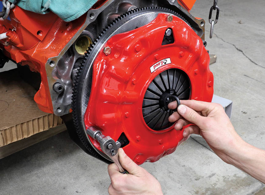 We then removed the bellhousing to install our McLeod clutch and pressure plate. We opted for their Super Street Pro line of single-disc clutch, which is designed to handle up to 550 hp. Even though our 383 in current form will only make 400-450 hp, we wanted some headroom in case we install a burlier top end in the future.