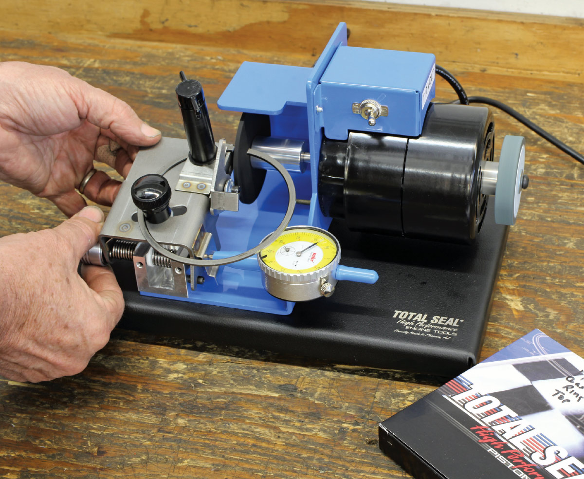 If you plan on building a lot of engines, this Total Seal electric ring grinder is an amazing time-saver compared to the hand-crank models. But this unit comes at a much steeper price. If you’re just starting out, a hand grinder will work just fine. As a tech tip, always turn the mechanical grinder wheel counterclockwise.