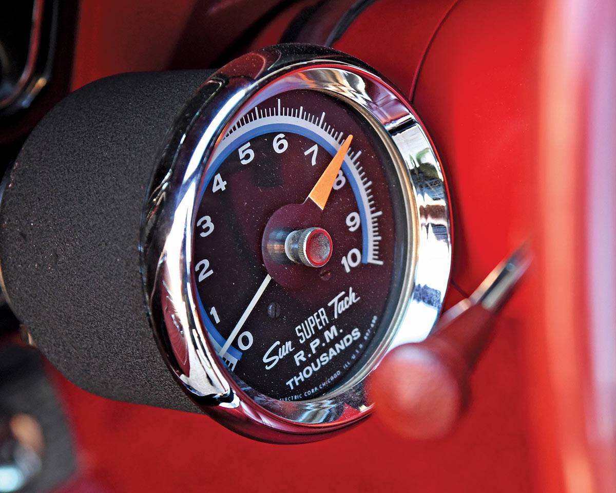close view of the RPM gauge on the ’69 Garnet Red COPO Camaro
