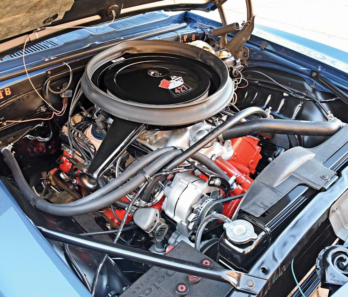 full view of the dusk blue ’69 COPO Camaro's engine