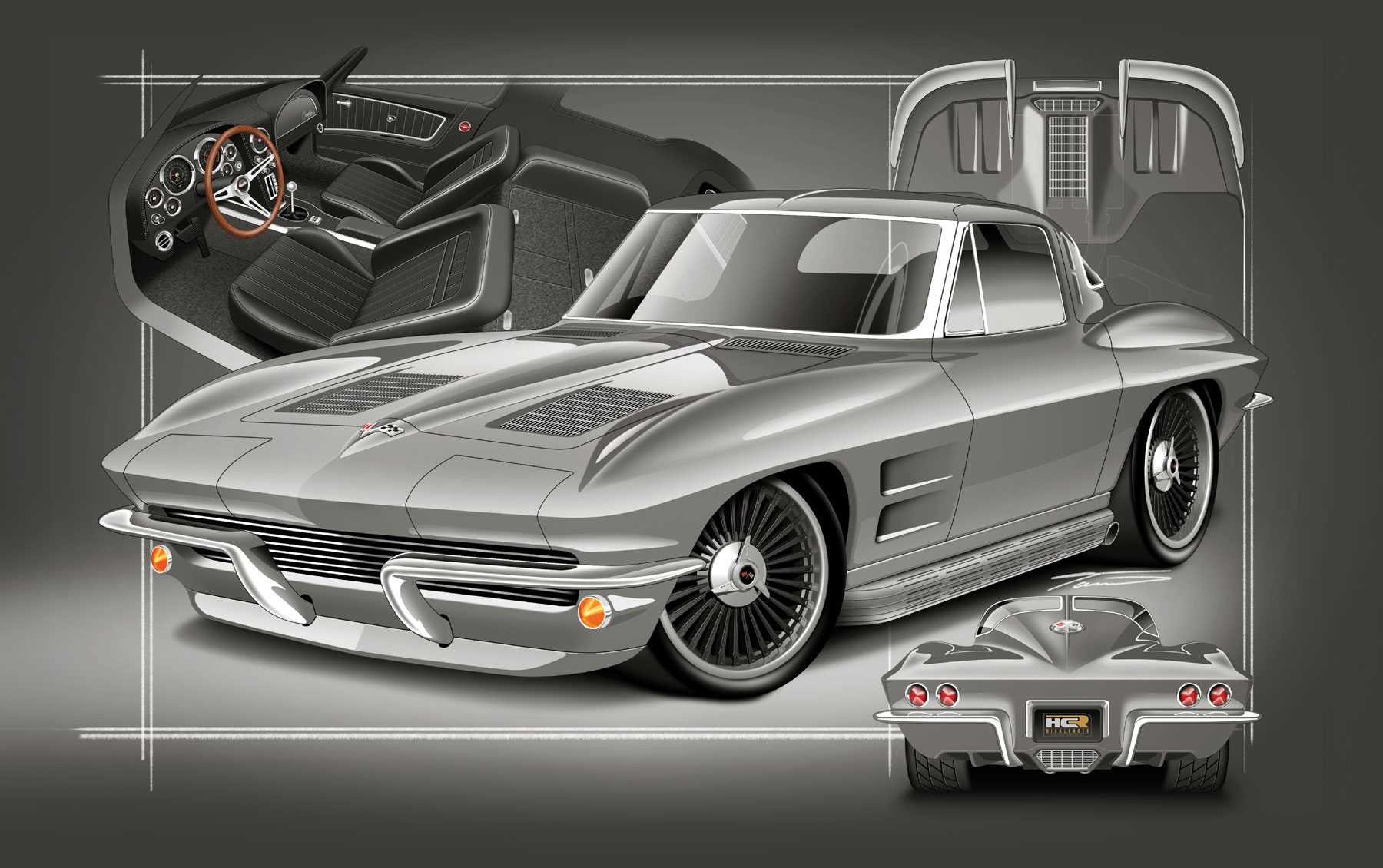 digital illustration of a ’63 Chevrolet Corvette and its interior