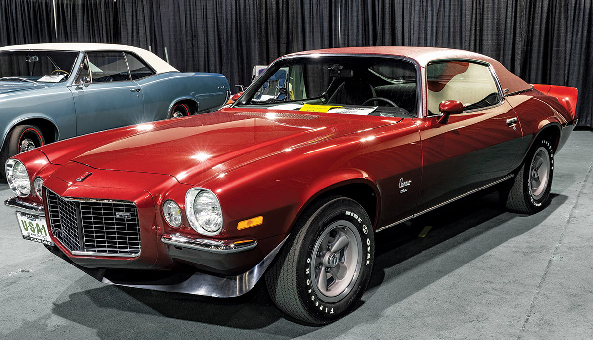 Close-up photograph perspective of a vintage red Camaro muscle car in a display area of a showroom floor