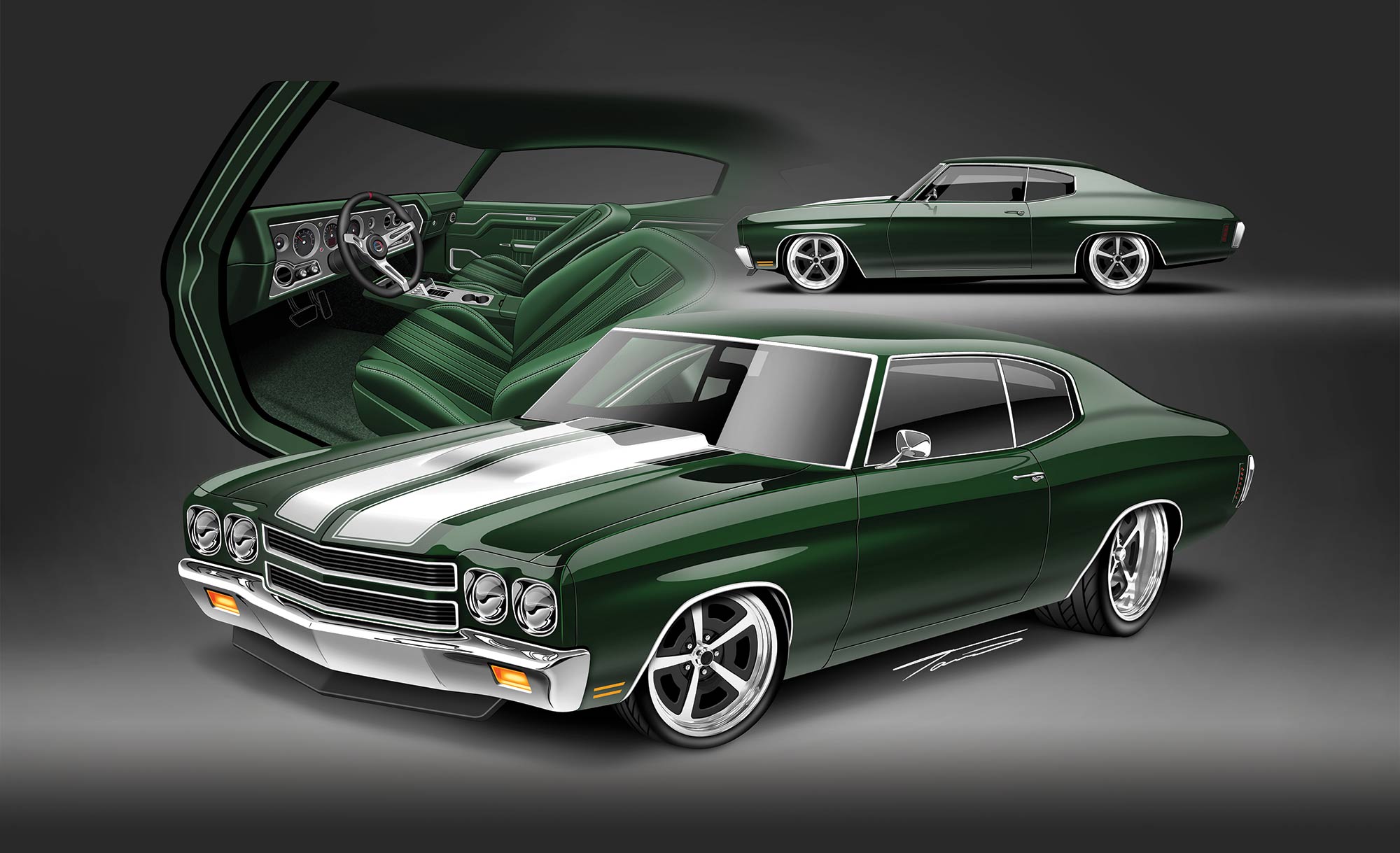 digital illustration of a Chevelle series car and its interior