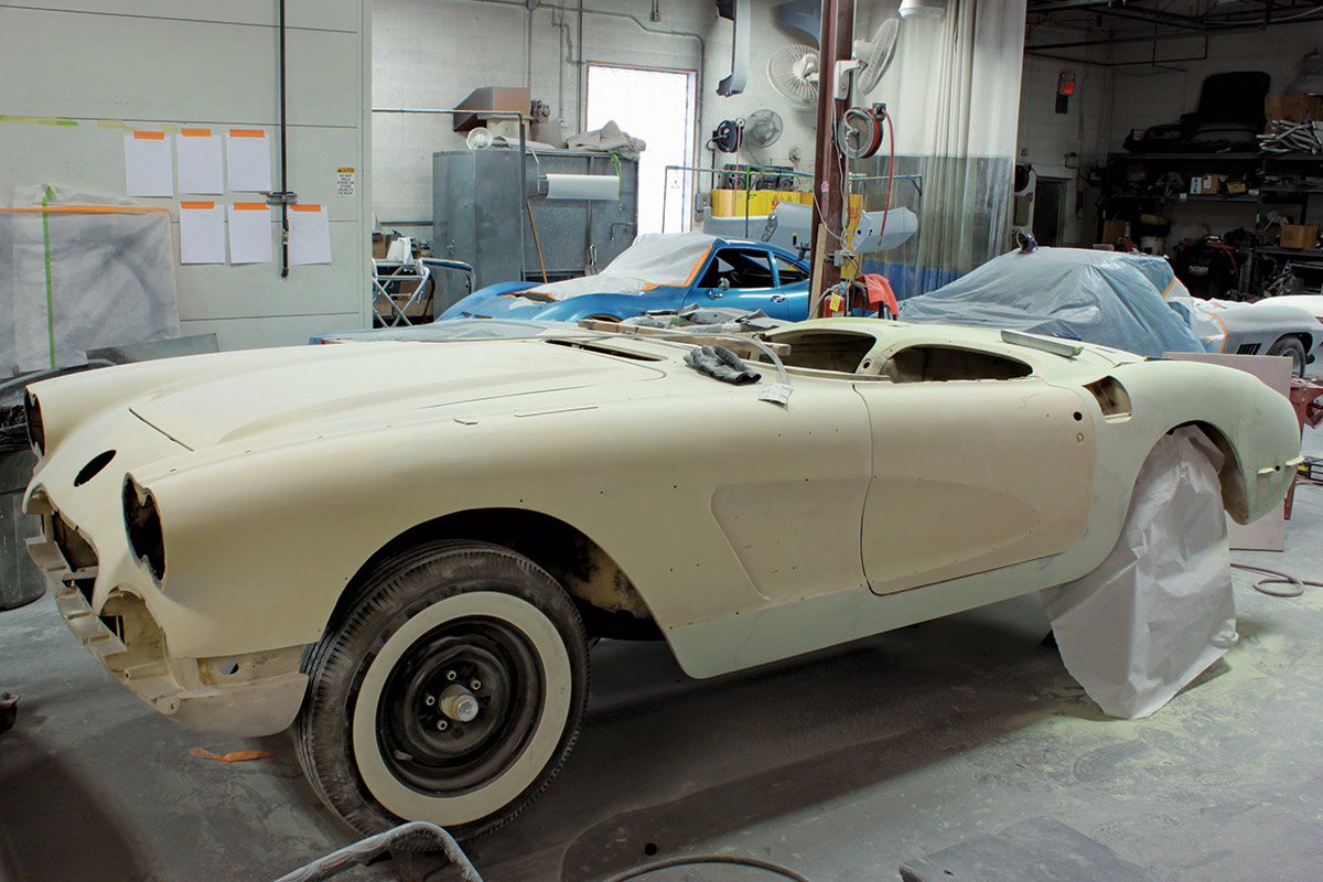 Body of an old Chevy in a garage being prepaired to be painted