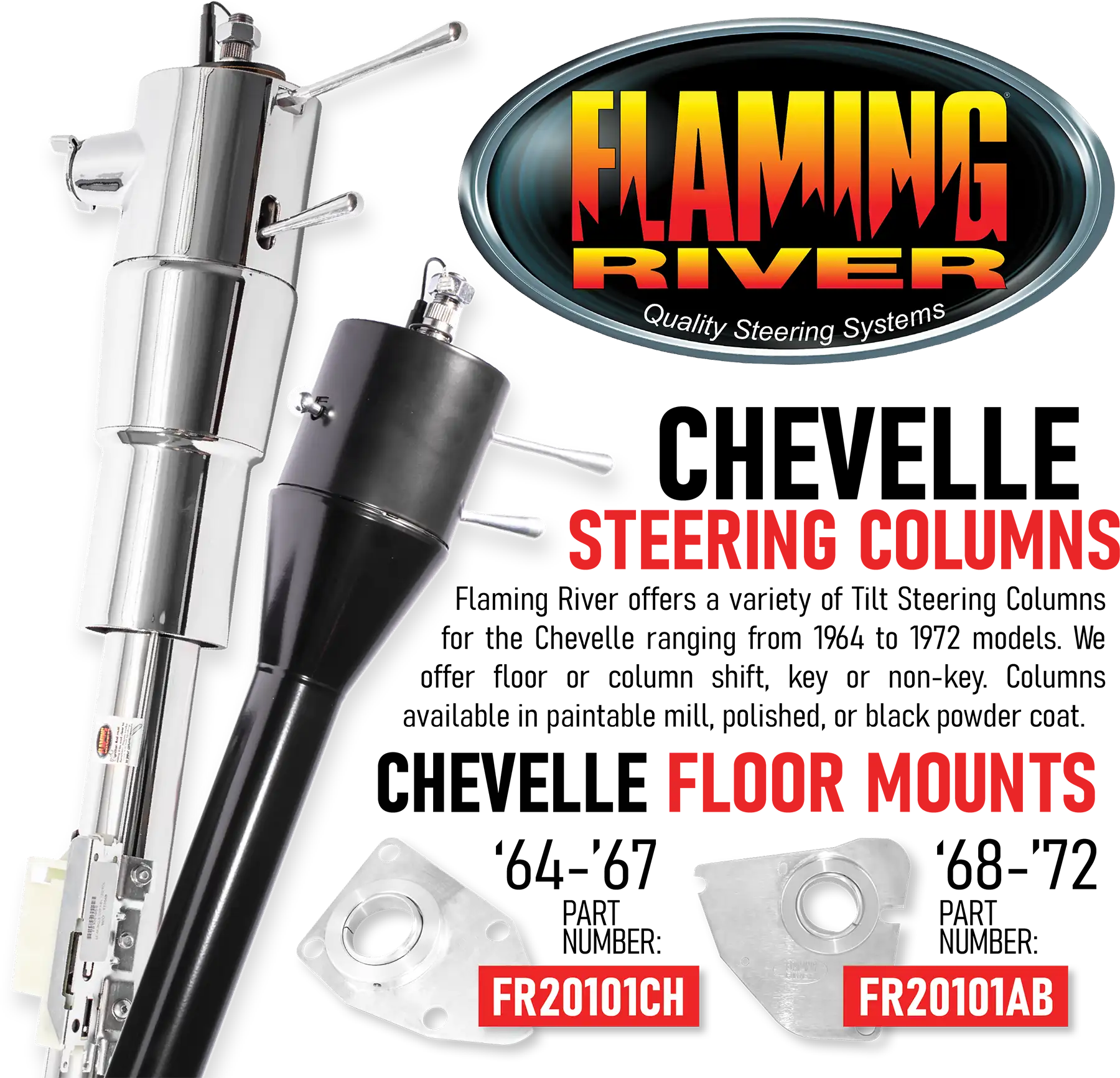 Flaming River logo; Chevelle Steering Columns; Chevelle Floor Mounts