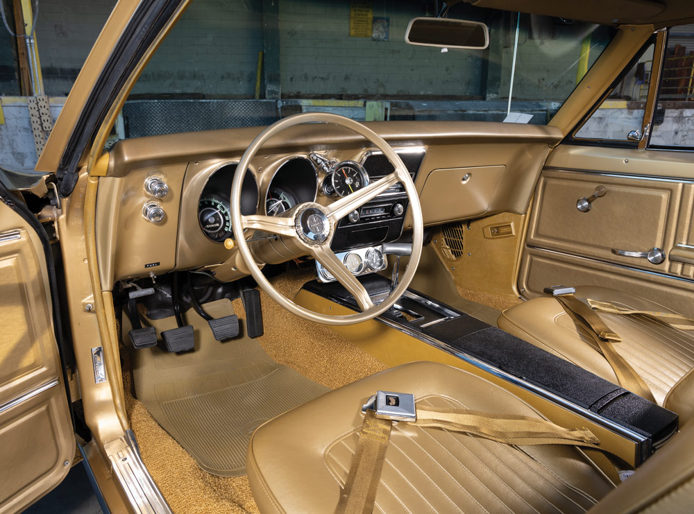 steering, dash, and seating in a ’67 Chevy Camaro