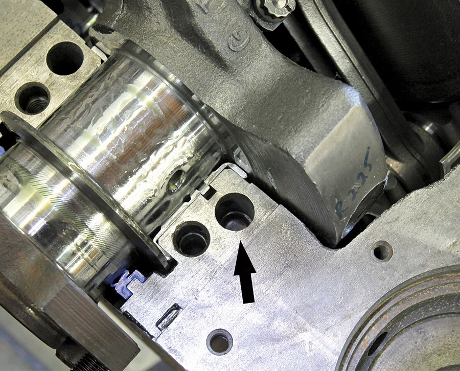Make sure this plug is installed–we used this photo from a different engine, but make sure the oil plug under the Number 5 main bearing is in place or the engine will not make oil pressure.