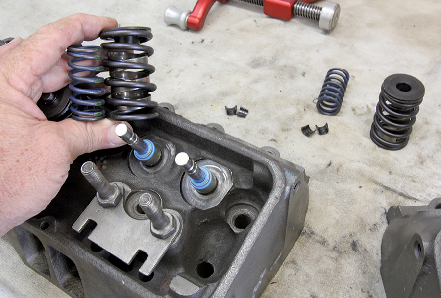 We had Barrington Machine upgrade the heads with better exhaust seats, new Erson stainless steel valves, Viton rubber valveguide seals, and dual springs. To assist in the cam break-in process we removed the inner springs, which will be reinstalled after the cam is fully broken in.