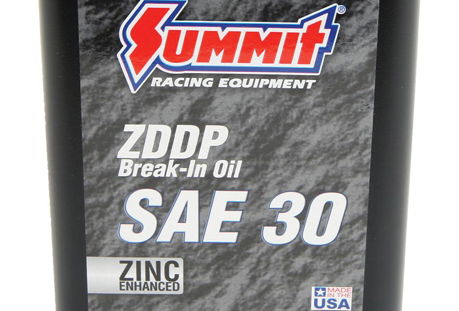 New flat tappet cams must be properly broken in and that require a specialty oil to ensure the lubricant has sufficient levels of zinc and phosphorous (ZDDP). We used Summit SAE30 Break-In oil to ensure this part of the break-in task would be covered.