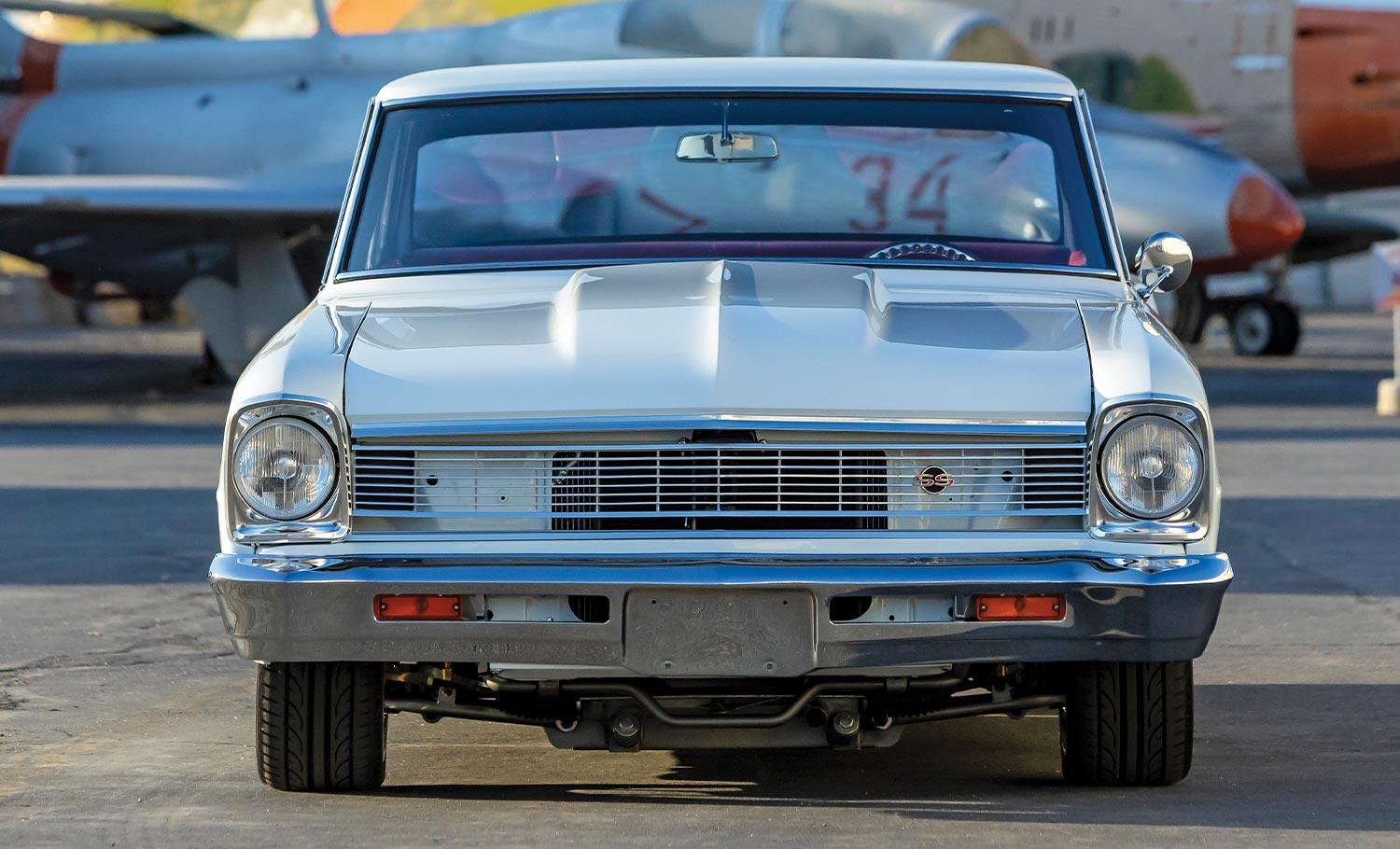 front view of the white ’66 Chevy Nova SS