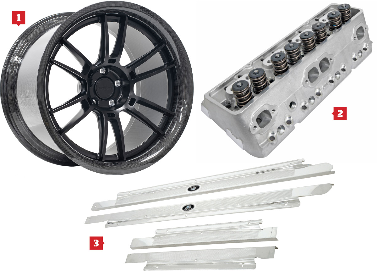 1. Forgeline CF208, 2. Powerhouse—trick Flow DHC 200 cylinder heads, and 3. New OER reproduction doorsill plate set