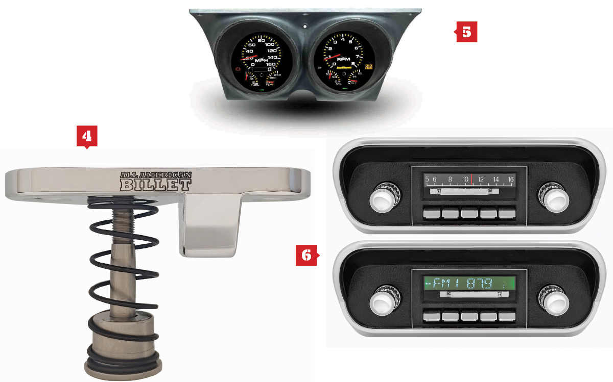 4. All American Billet’s ’70-72 Chevelle billet hood latches, 5. Intellitronix Analog Gauge Panel, and 6. ’67-72 Chevy Truck Slidebar Radio