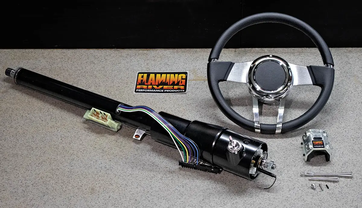 Flaming River sent us one of their 33-inch Muscle Car Floor Shift Tilt Key Columns in black powdercoat along with their WaterFall steering wheel and all the installation accessories we’d need.