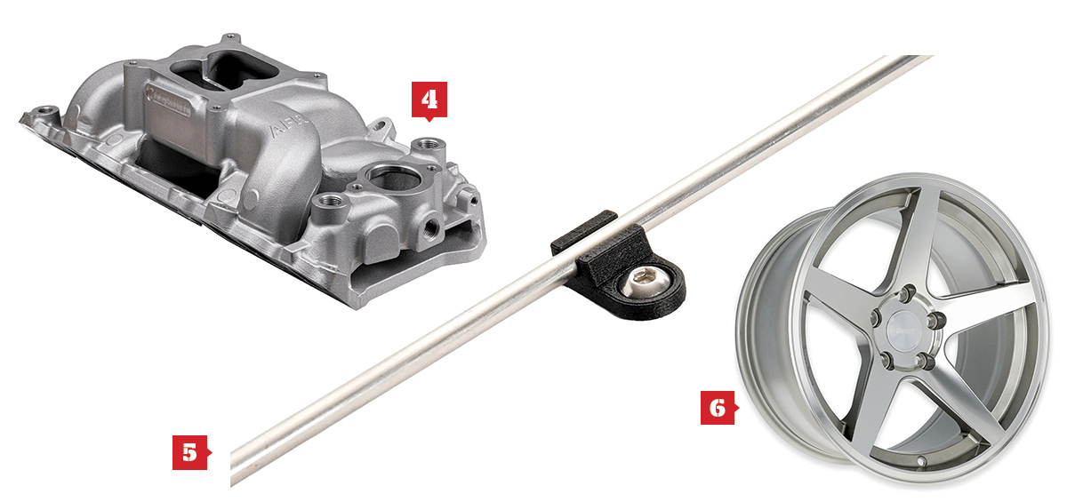 Big block intake manifold, Brake line clip, wheel