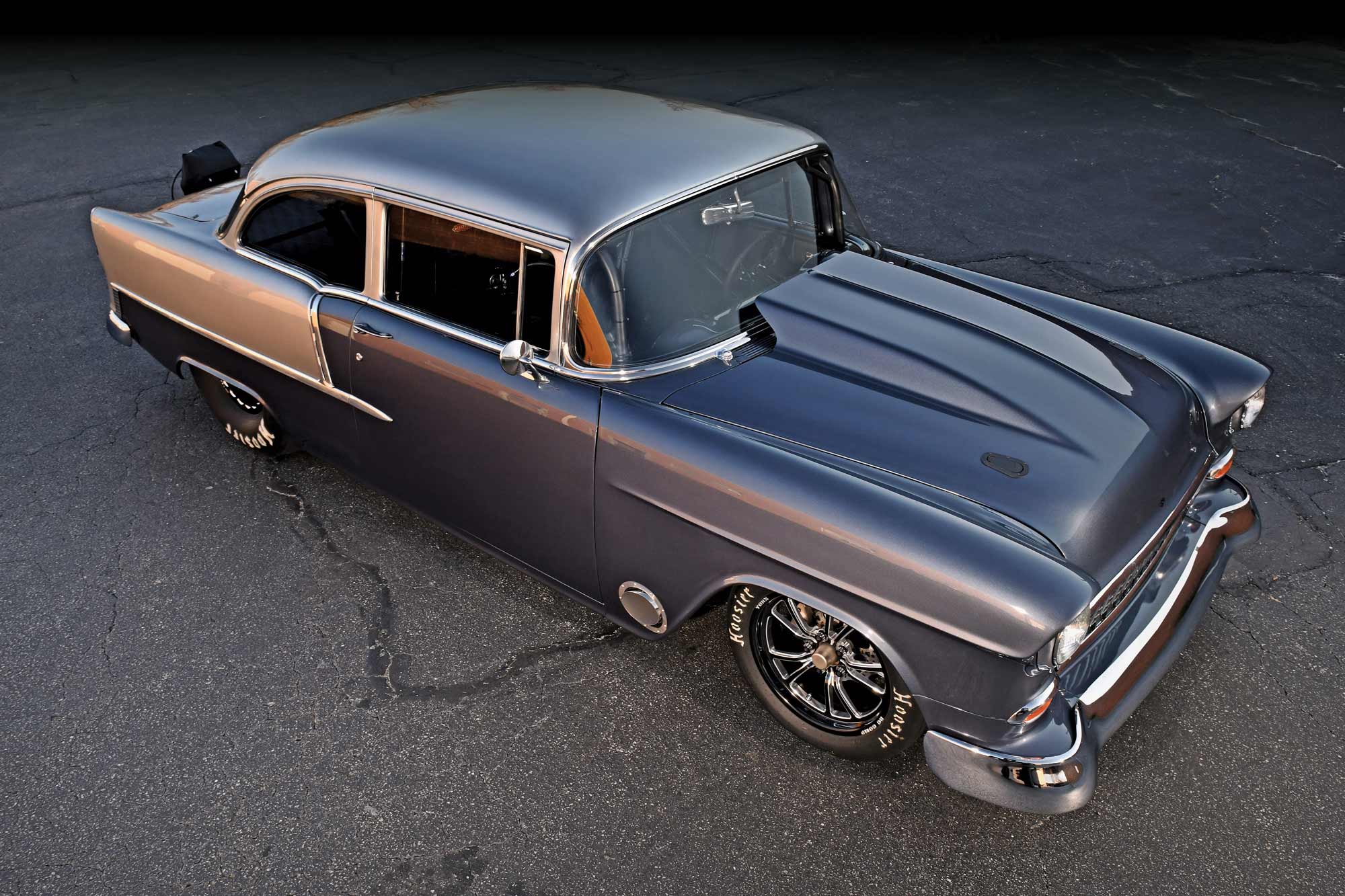 aerial view of silver ’55 Chevy Bel Air