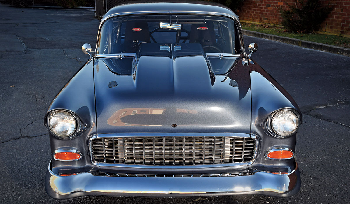 front view of silver ’55 Chevy Bel Air