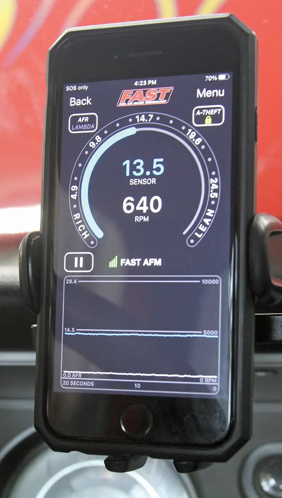 phone screen displaying the sensor and RPM