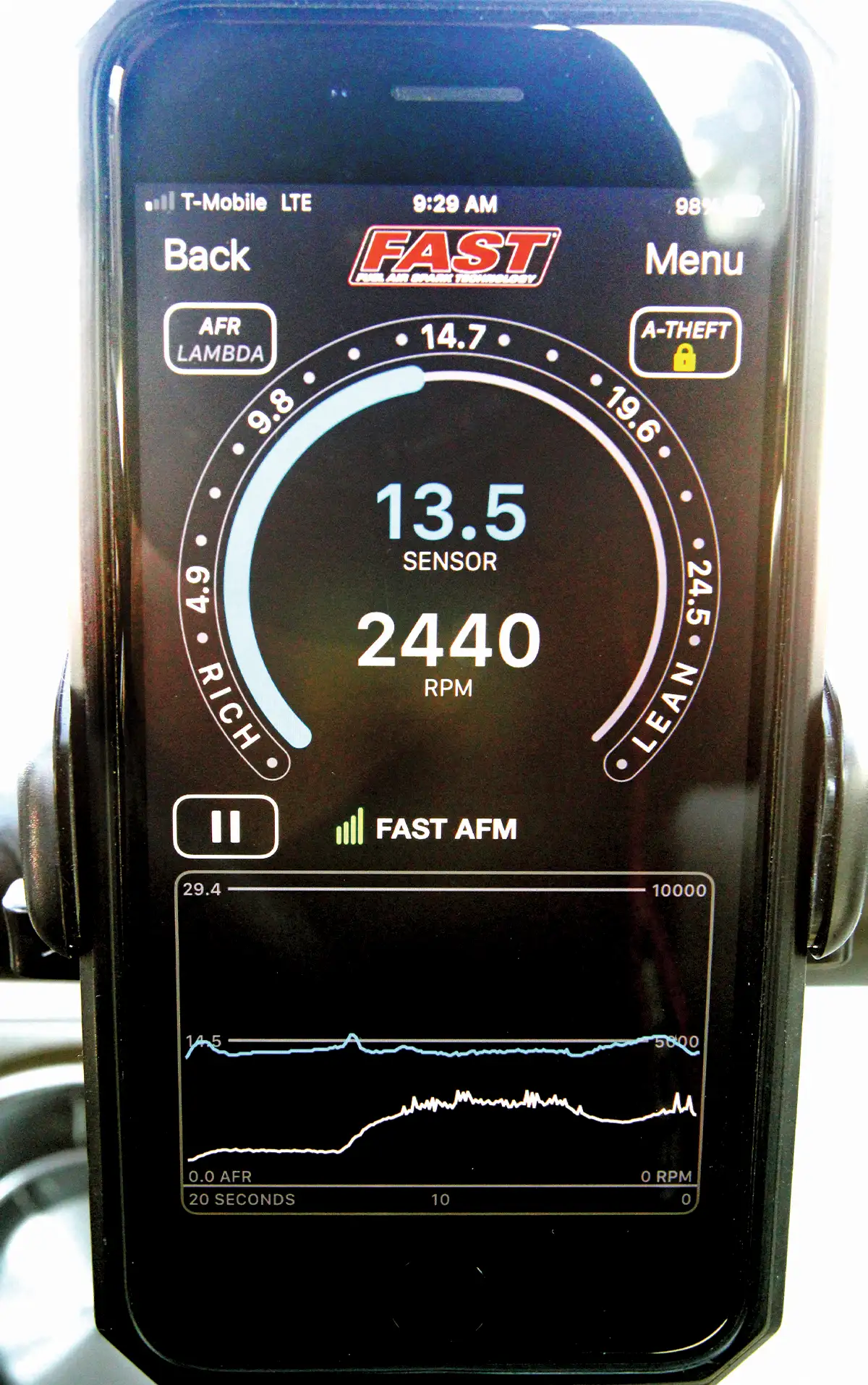 phone screen showing the sensor and RPM levels from FAST's Slick New Air/Fuel Ratio Wireless Meter app