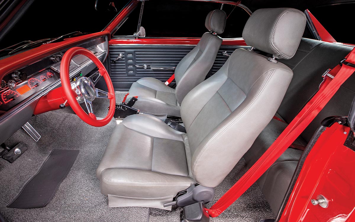 driver side interior view of the ’67 Malibu with bucket front seating