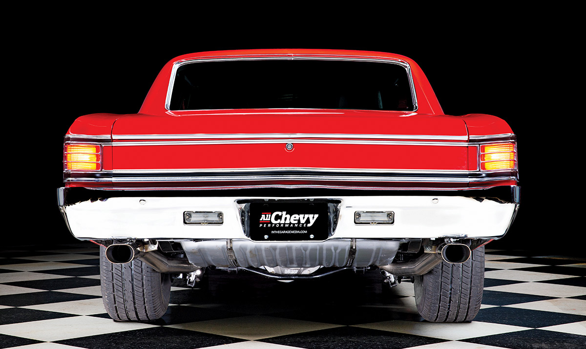 direct rear view of the Bright Torch Red ’67 Malibu