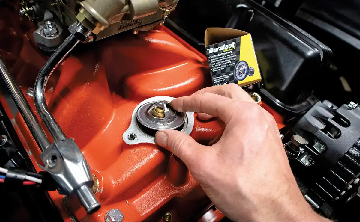Of course, we also had to install a new thermostat in our Speedway Motors intake manifold. We opted for a 160-degree Duralast thermostat. We know everyone has an opinion on what temperature is truly correct, so you are more than welcome to jump on our social pages to tell us if we chose right or wrong here.