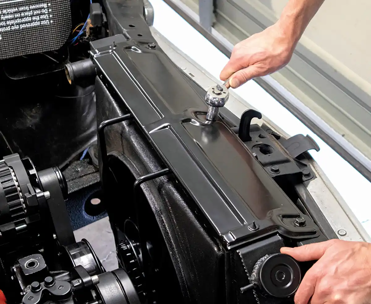 The other important detail of the mounting system we came up with was the fact it all went right back into place and is secured using the factory radiator support panel.