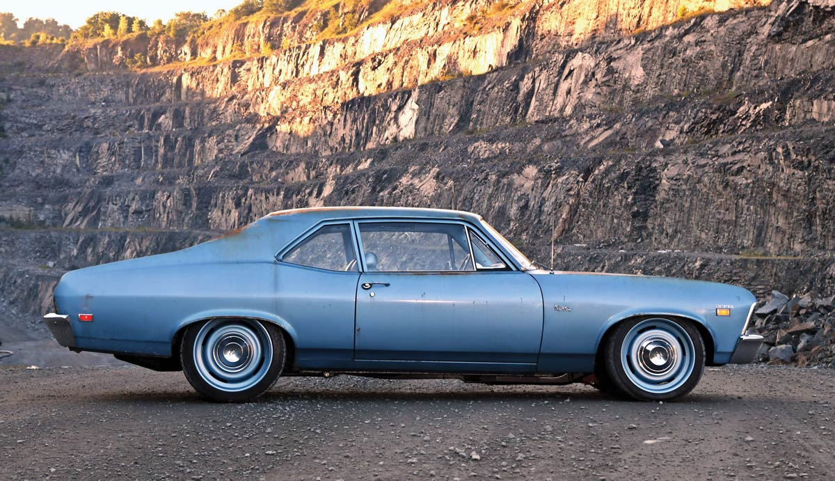 side view of blue '69 nova