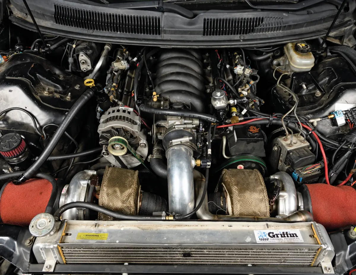 full view of the ’98 Camaro's 370ci LS1 fed by two turbochargers