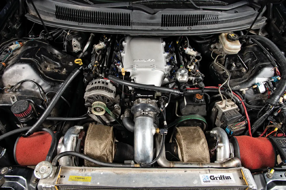top view under the hood of the twin-turbo Camaro with the new Holley Lo-Ram manifold intake installed