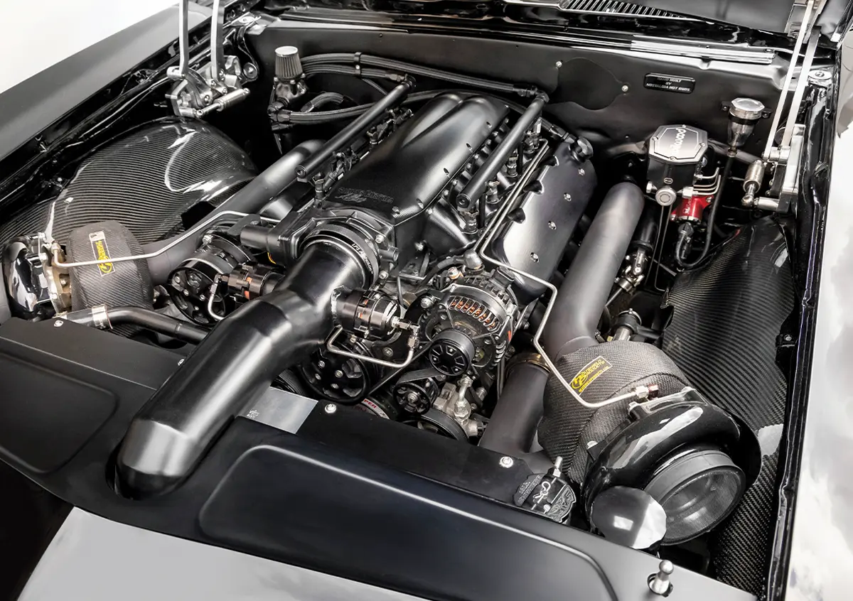 full view of the Twin-Turbo ’69 Camaro's Dart LS Next engine