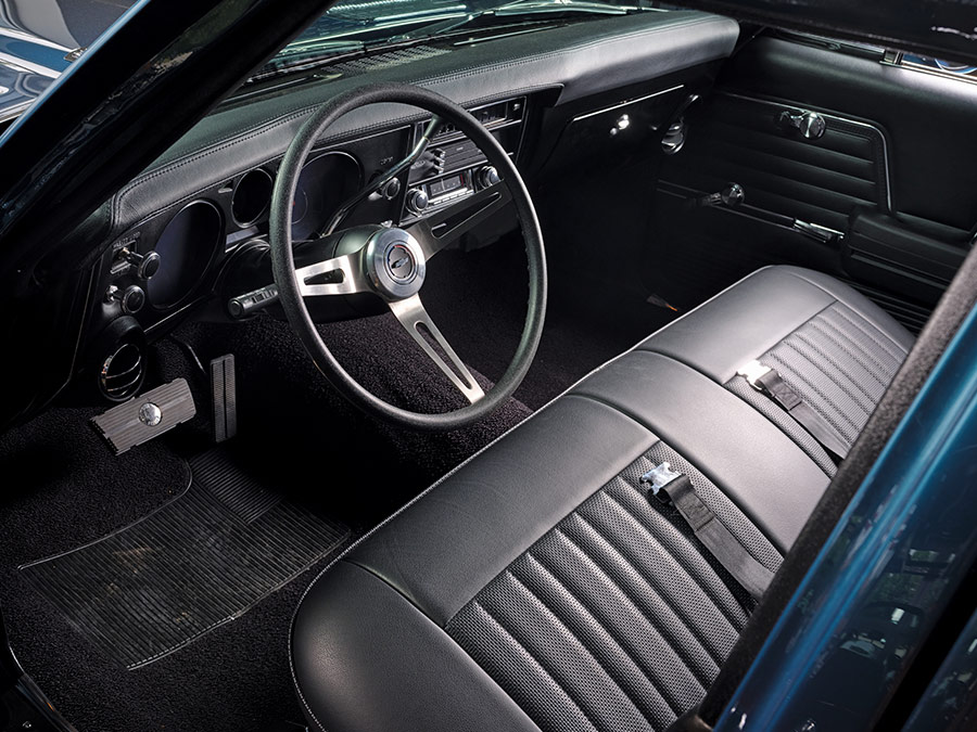 view of front seats and steering wheel of '69 Nomad