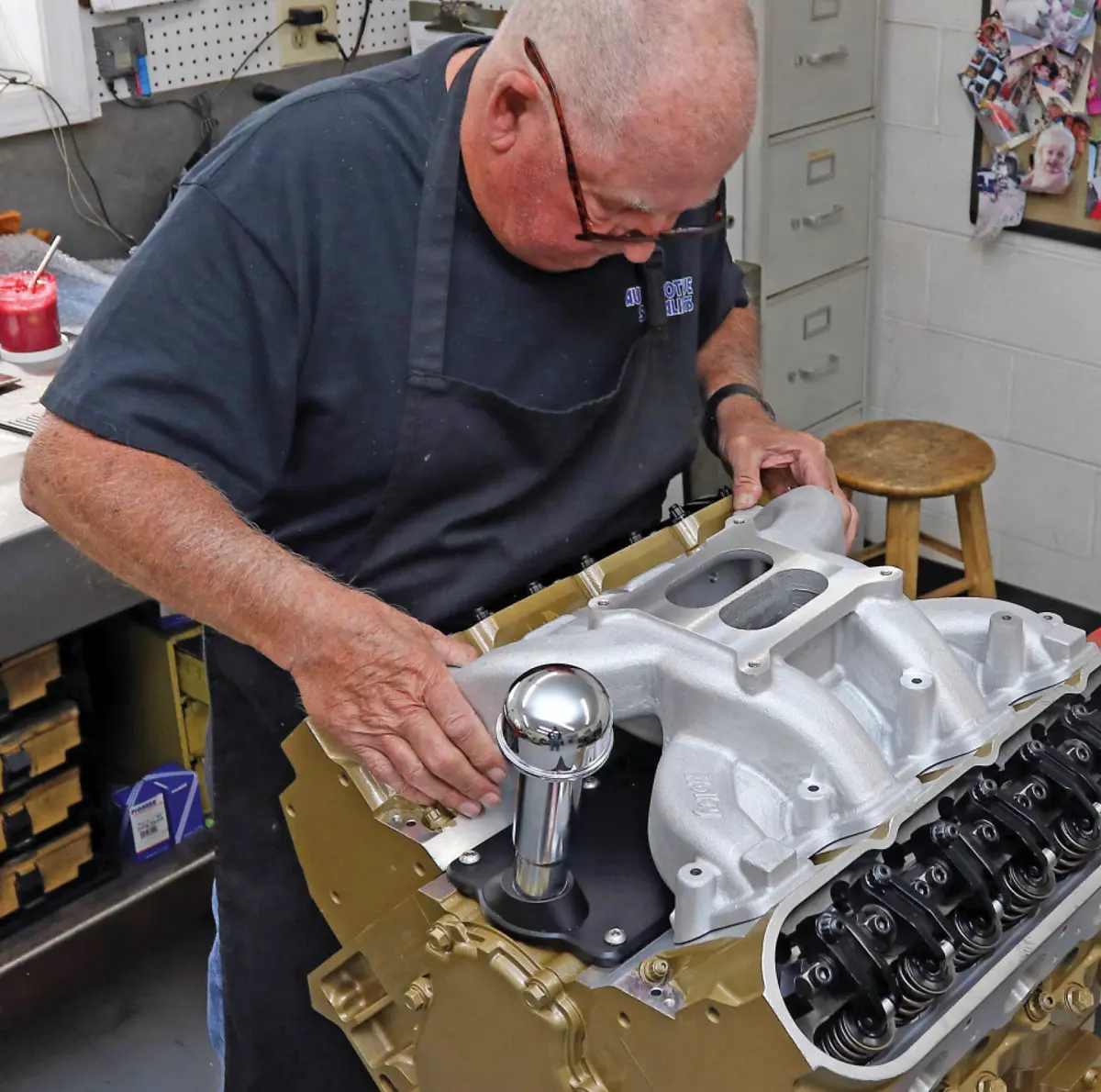 Dorton sets the dual-plane intake from Holley in place on the LS